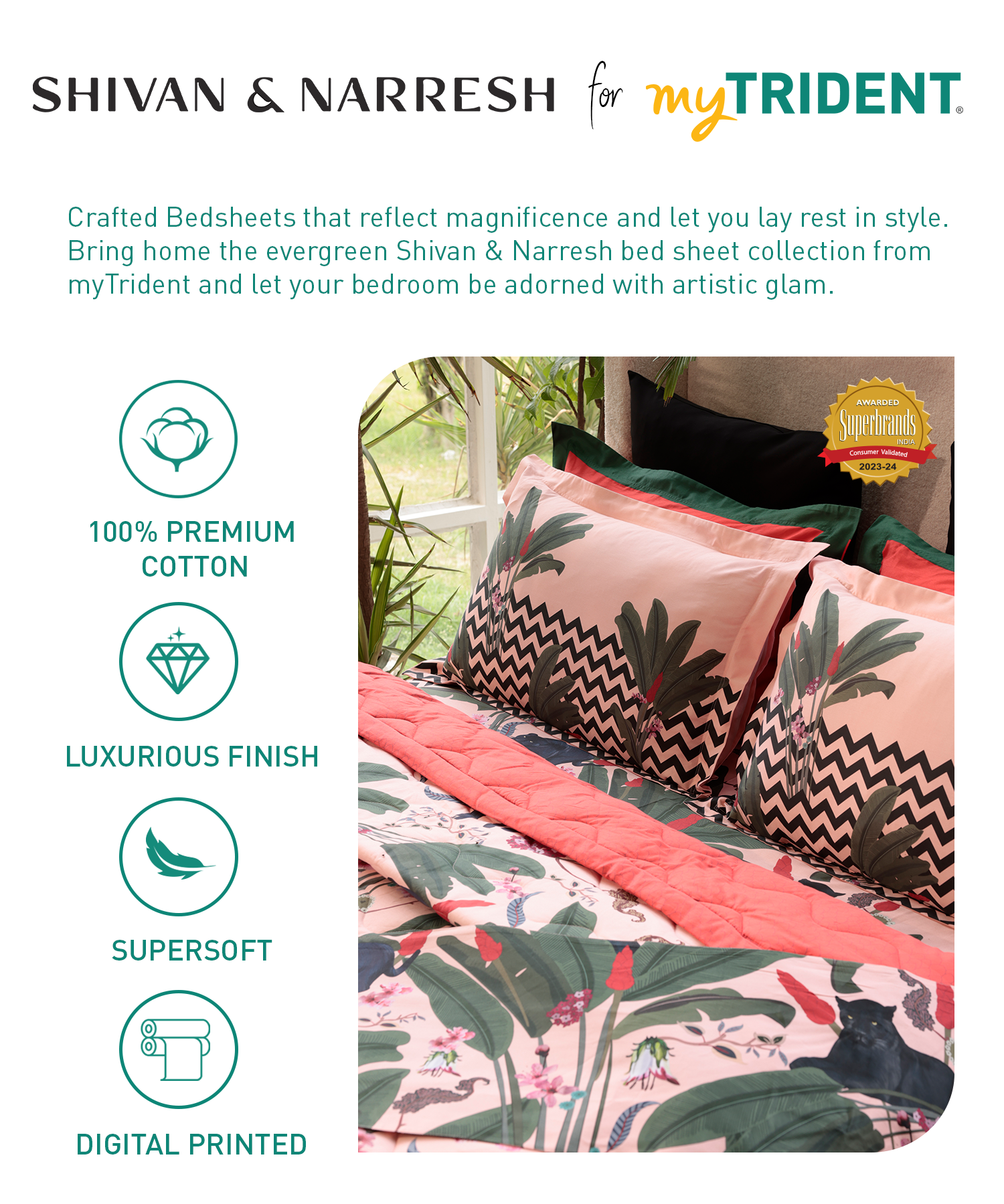 Shivan & Narresh King Bedsheet Set, Palmera |400TC Cotton|4 pillow covers