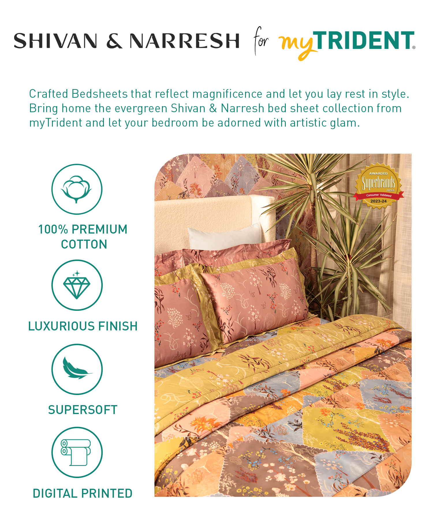 Shivan & Narresh King Bedsheet Set, Morning Calm |400TC Cotton|4 pillow covers