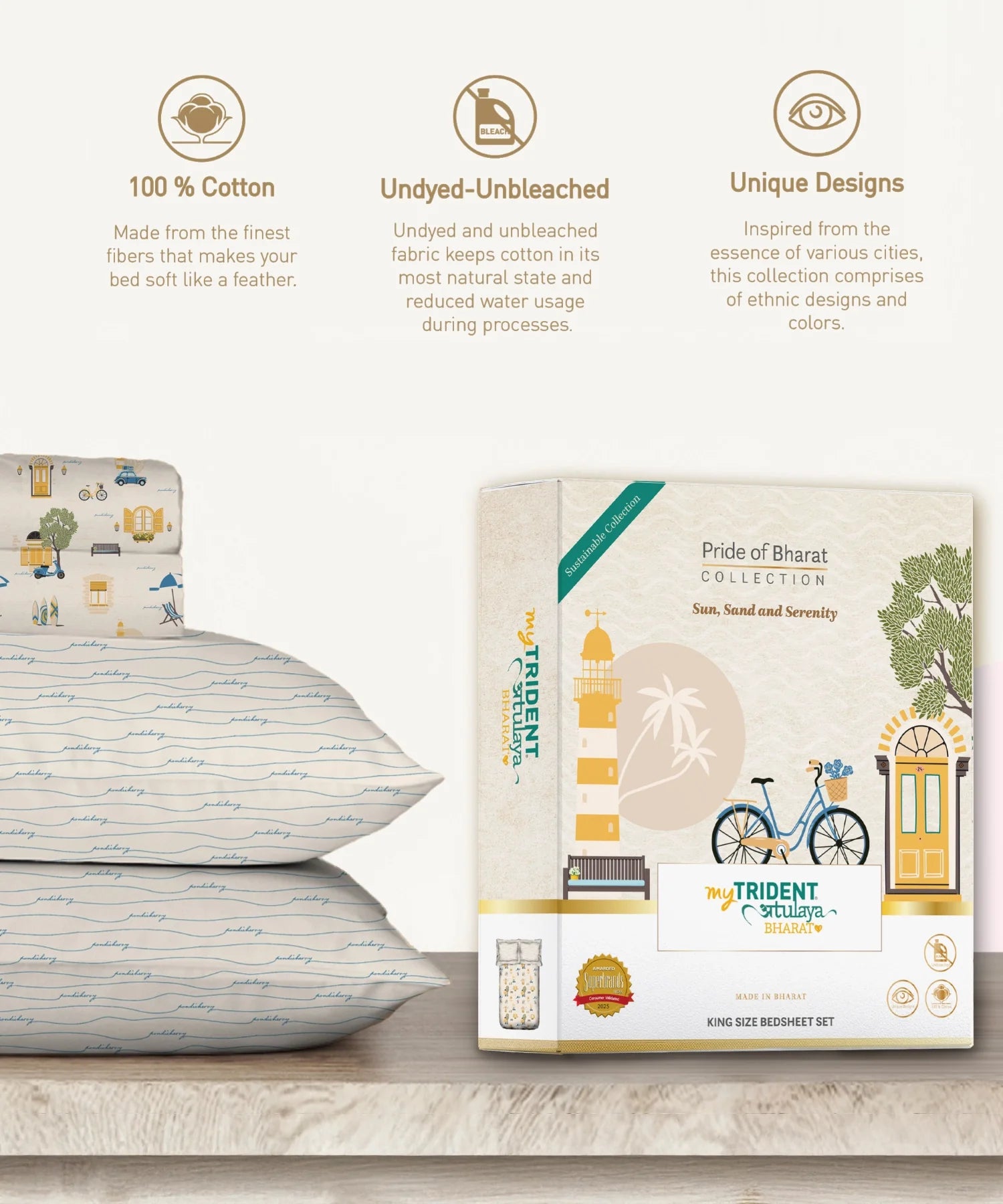 Atulaya Bharat King Bedsheet Set, Sun Sand & Serenity|144 TC Cotton|2 Pillow Covers