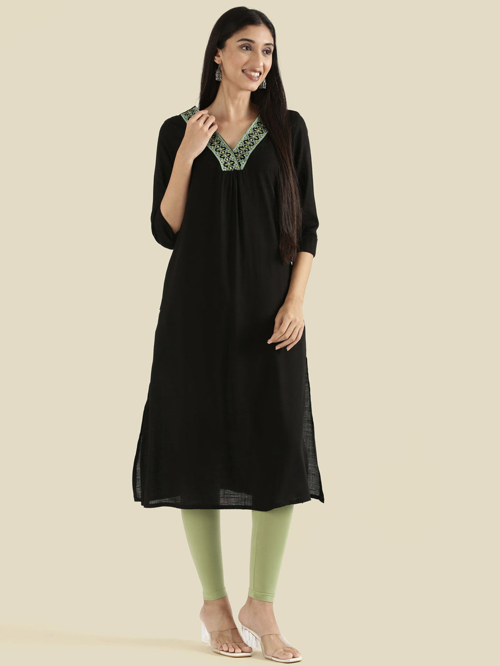 Rayon Geometric Cross-Stitch V-Neck Embroidered Straight Kurta