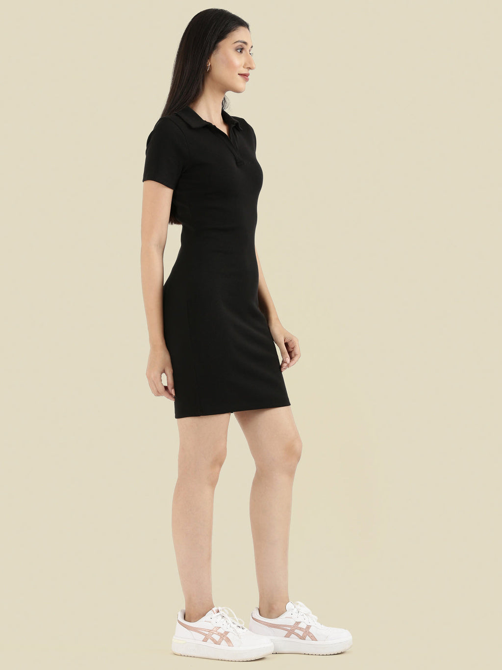 Rib Cotton Slim Fit Polo Neck Short Dress