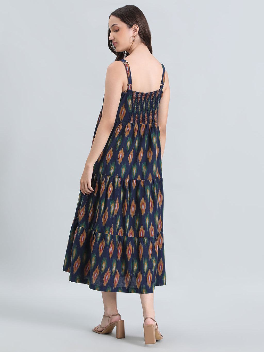Ikat Print Cotton Smocked Back Tiered Dress