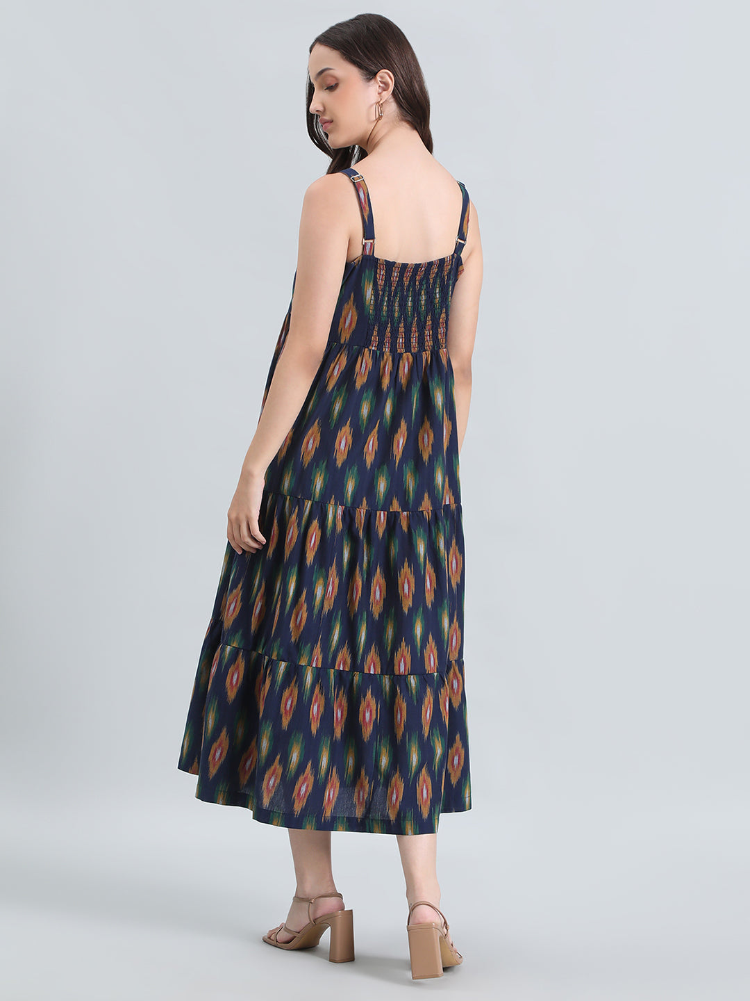 Ikat Print Cotton Smocked Back Tiered Dress