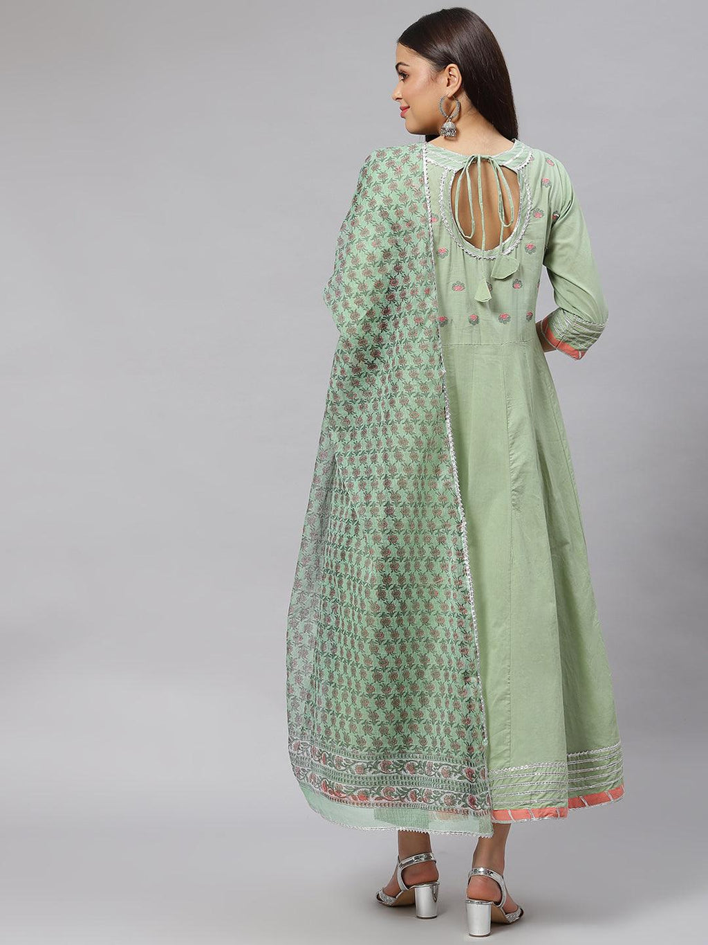 Divena Solid Green Anarkali Kurta Pant Set with Kota doria dupatta