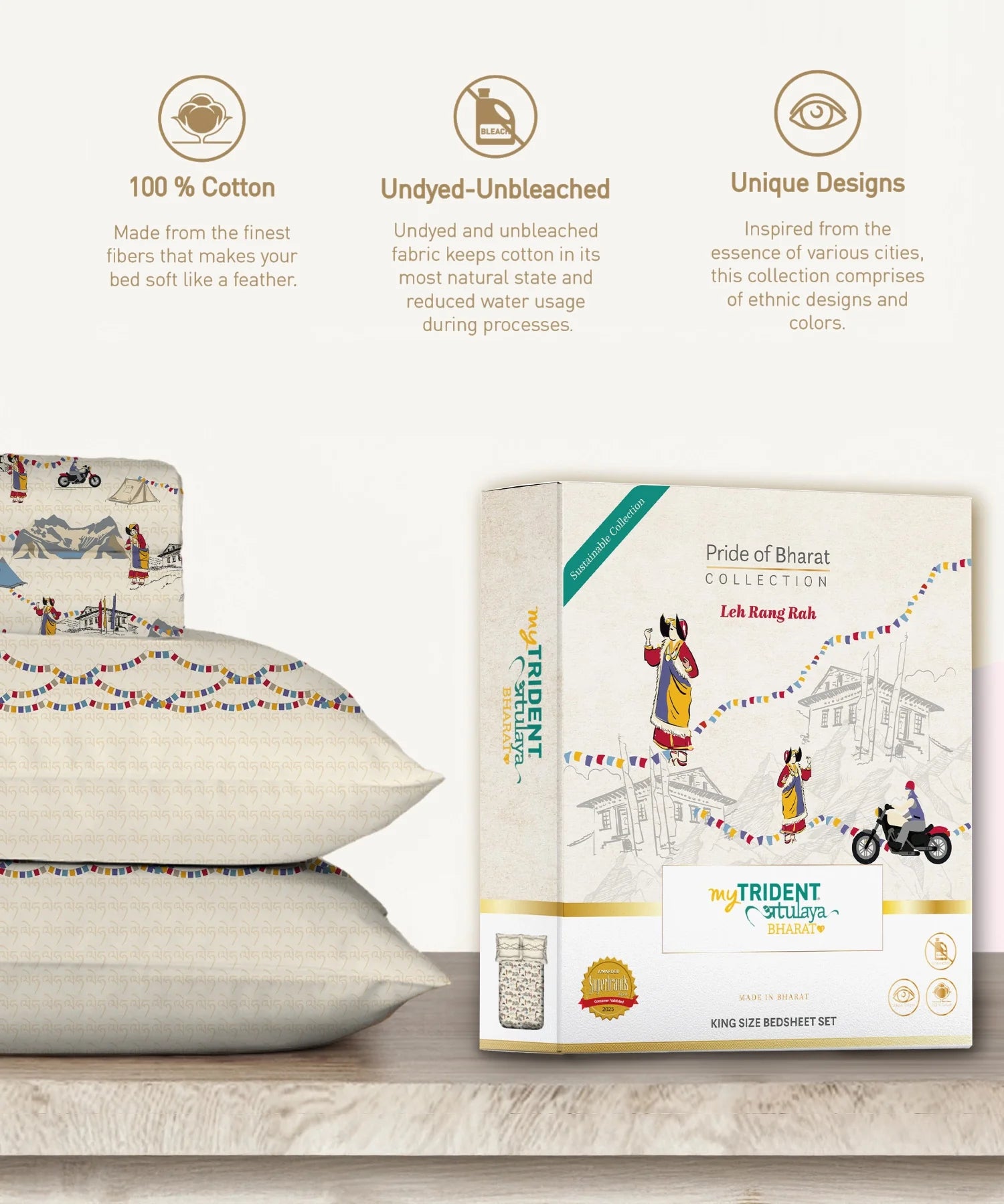 Atulaya Bharat King Bedsheet Set, Leh Rang Rah|144 TC Cotton|2 Pillow Covers