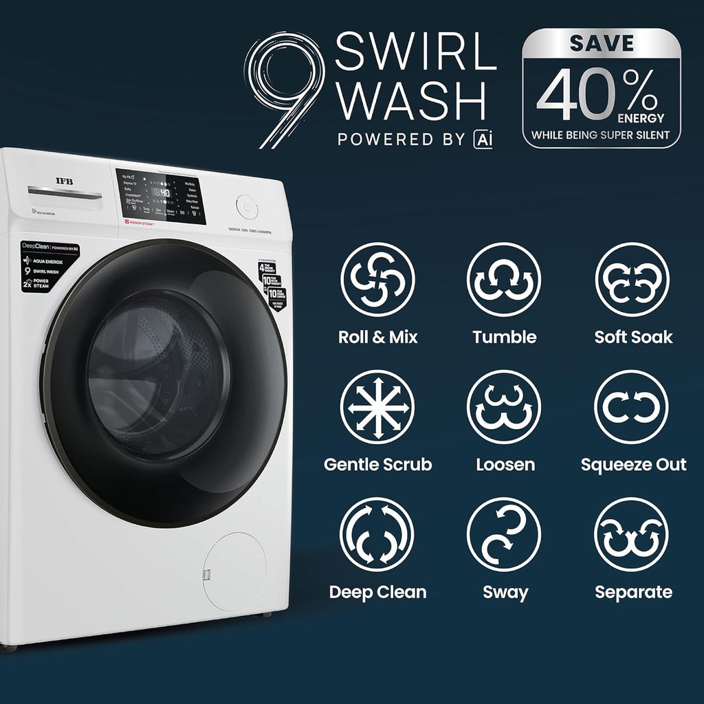 IFB 7 Kg 5 Star, DeepClean® Technology, AI Powered, WiFi, Fully Automatic Front Load Washing Machine (SERENA GXN 7012 CMS, PowerSteam®, 9 Swirl, Steam Refresh, Inbuilt Heater, Eco Inverter, Grey)