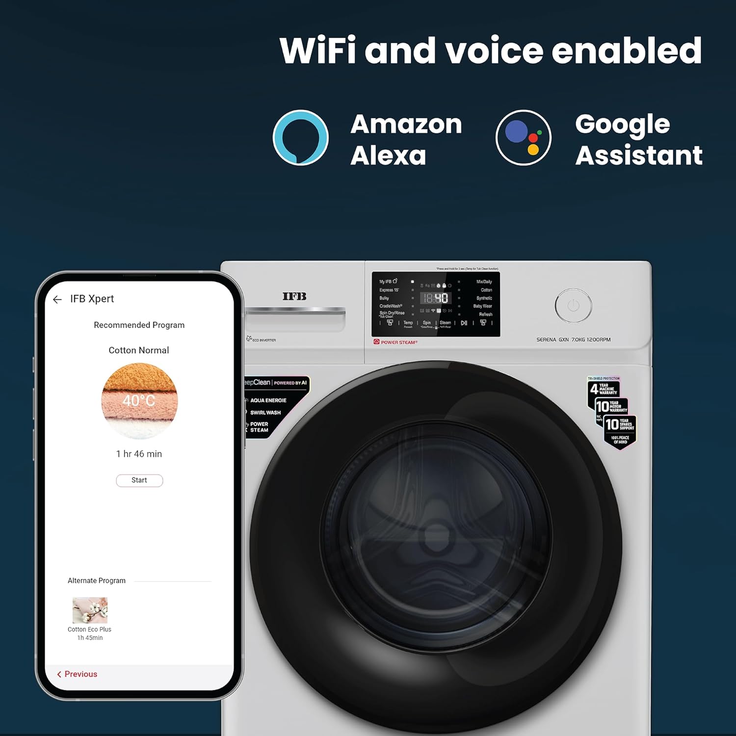 IFB 7 Kg 5 Star, DeepClean® Technology, AI Powered, WiFi, Fully Automatic Front Load Washing Machine (SERENA GXN 7012 CMS, PowerSteam®, 9 Swirl, Steam Refresh, Inbuilt Heater, Eco Inverter, Grey)