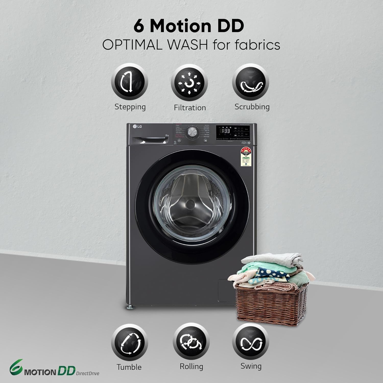 LG 8 Kg, 5 Star, AI Direct Drive Technology, Steam & 6 Motion DD Fully-Automatic Front Load Washing Machine (FHP1208Z3M, Intelligent & Convenient Fabric Care, Allergy Care, Middle Black)