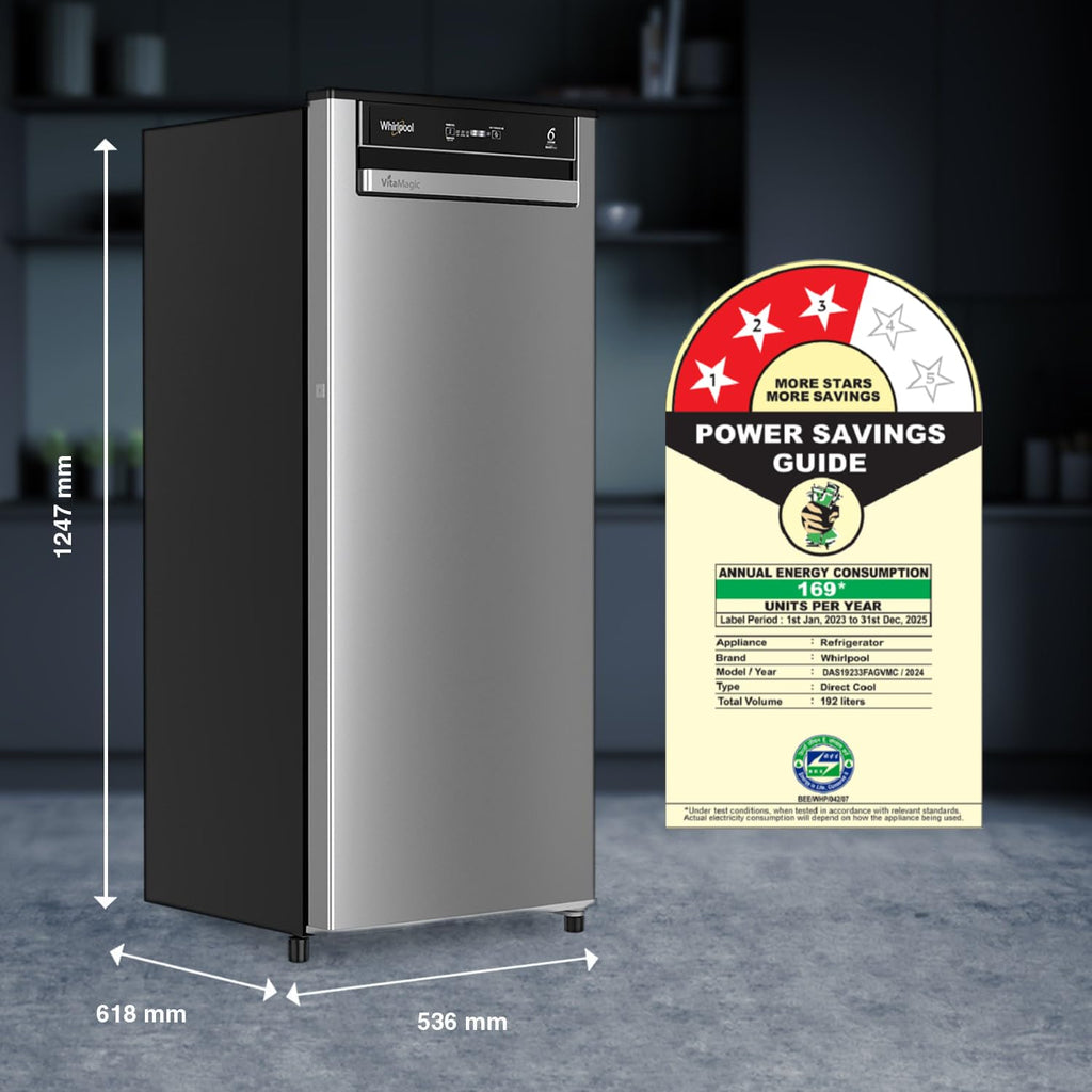 Whirlpool 192 L Direct Cool Single Door 3 Star Refrigerator (Radiant Steel-Z, 215 VMPRO PRM 3S RADIANT STEEL-Z)