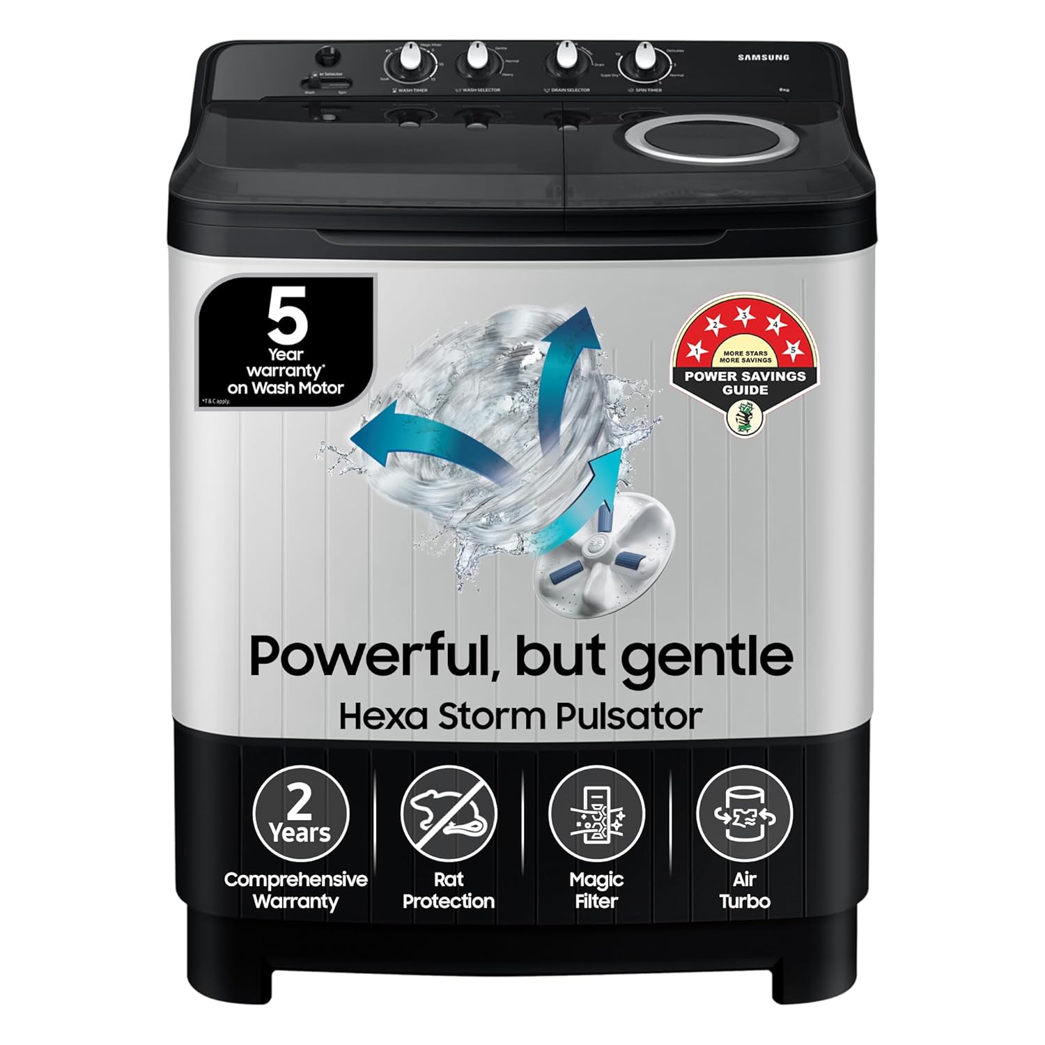 Samsung 8 kg, 5 star, Semi-Automatic Top Load Washing Machine (WT80C4200GG/TL, Air Turbo Drying, Light Gray)