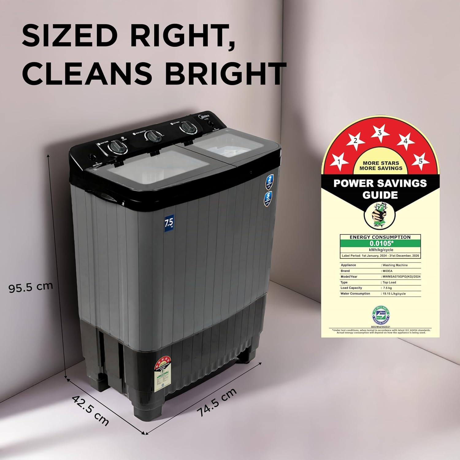Midea Washing Machine Semi Automatic 7.5Kg Glass Lid Black Grey(MWMSA075GPG(KW)
