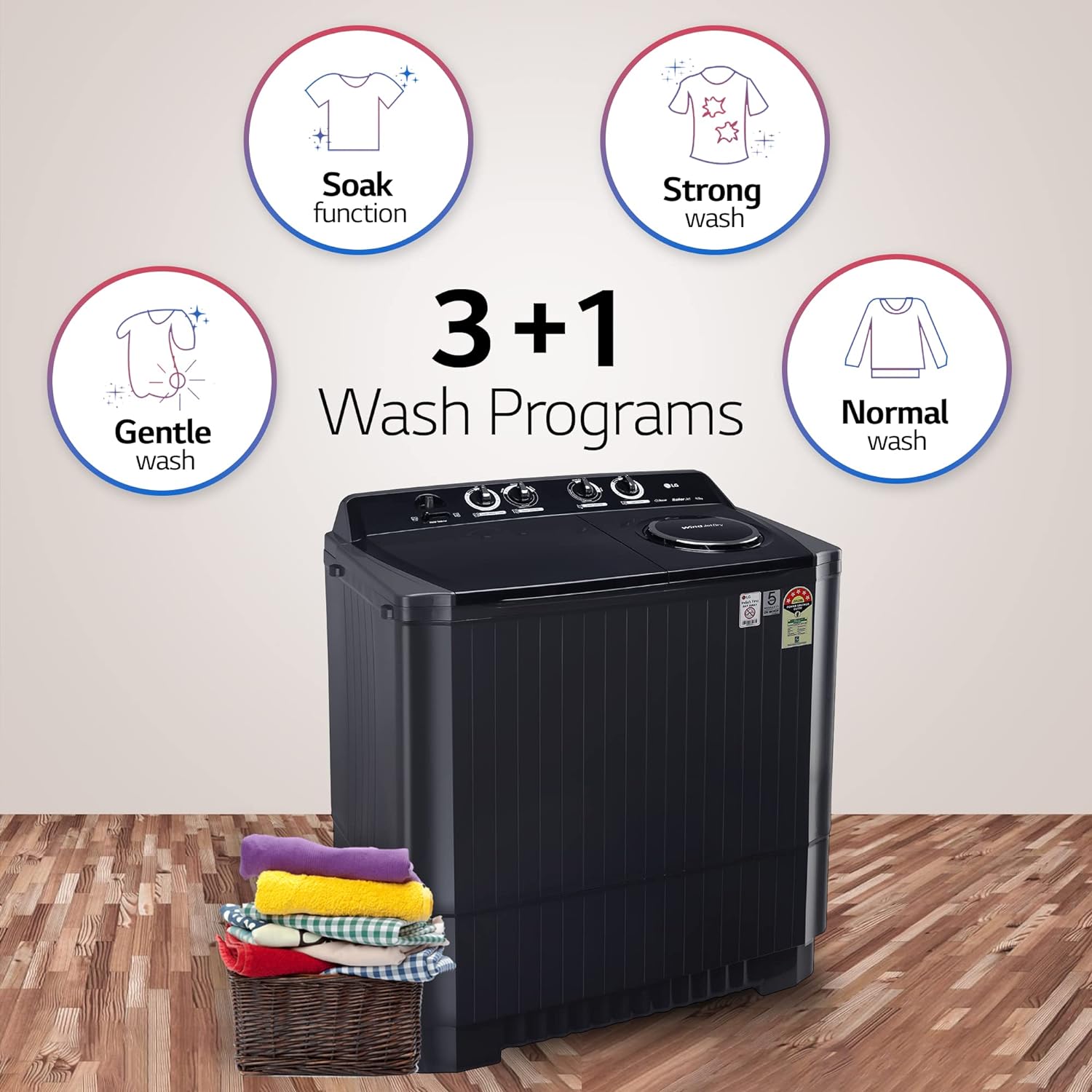 LG 11 Kg 5 Star Wind Jet Dry Rat Away Technology Semi-Automatic Top Loading Washing Machine (P1155SKAZ, Roller Jet Pulsator, Punch + 3, Middle Black)