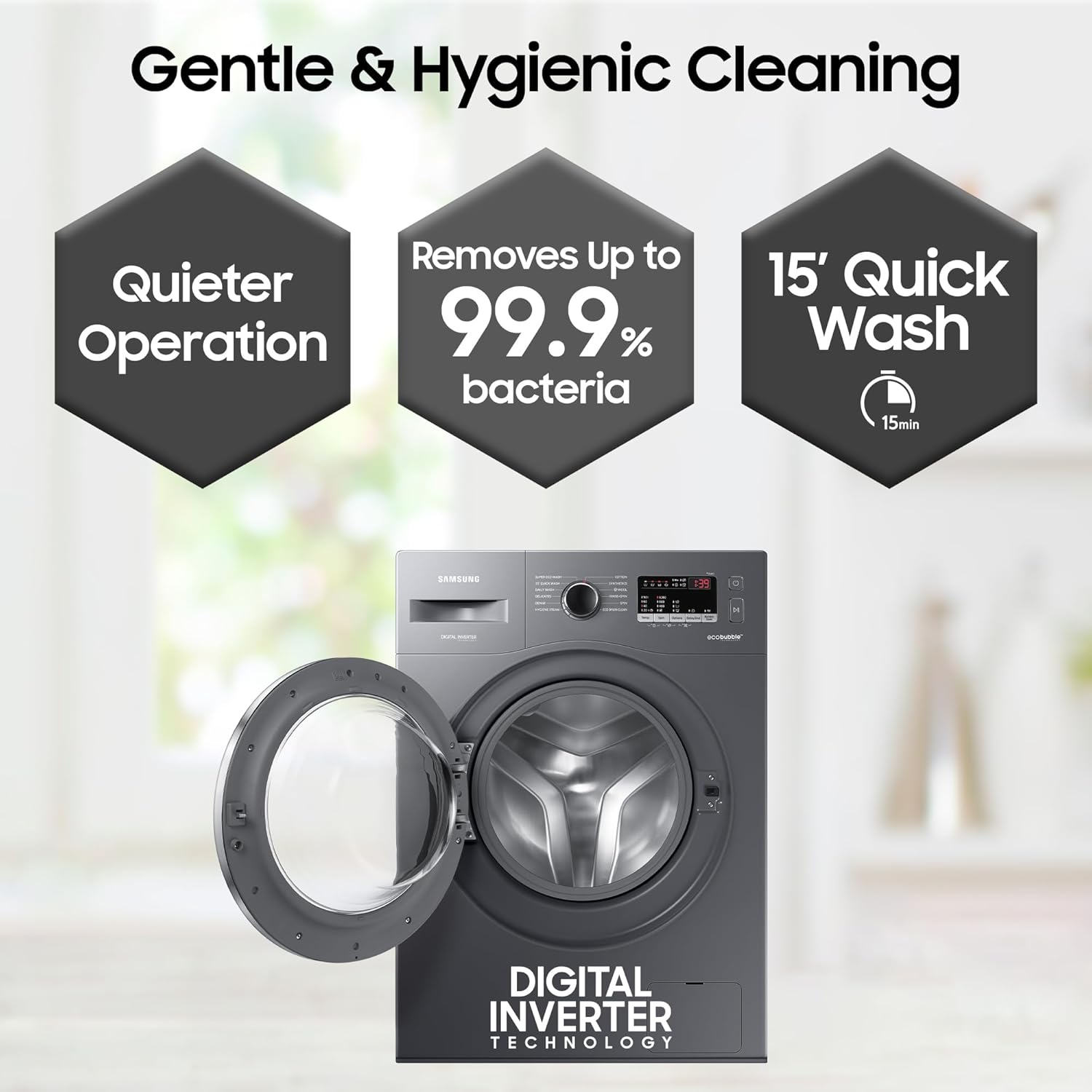 Samsung 7 kg, 5 star, EcoBubble Technology, Hygiene Steam with Inbuilt Heater, Digital Inverter, Fully-Automatic Front Load Washing Machine (WW70R22EK0X/TL, INOX GRAY)