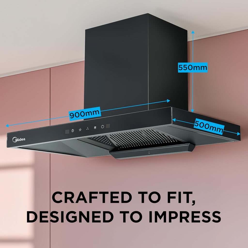 Midea 90 cm 1400 m3/hr Filter-less, Autoclean, Motion Sensor, T Shape kitchen Chimney (Falcon Auto Clean), Black MCHT-900T(IN)