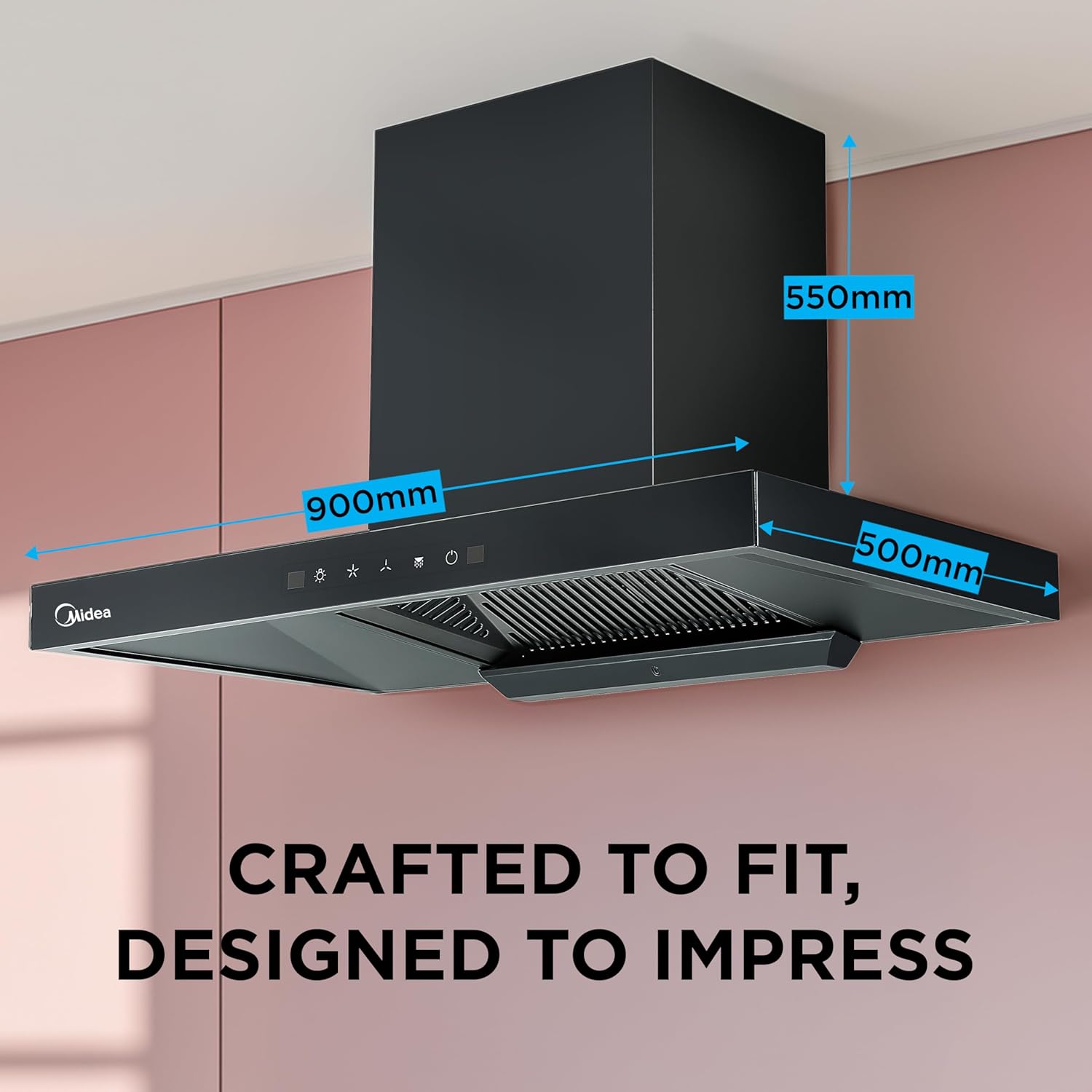 Midea 90 cm 1400 m3/hr Filter-less, Autoclean, Motion Sensor, T Shape kitchen Chimney (Falcon Auto Clean), Black MCHT-900T(IN)