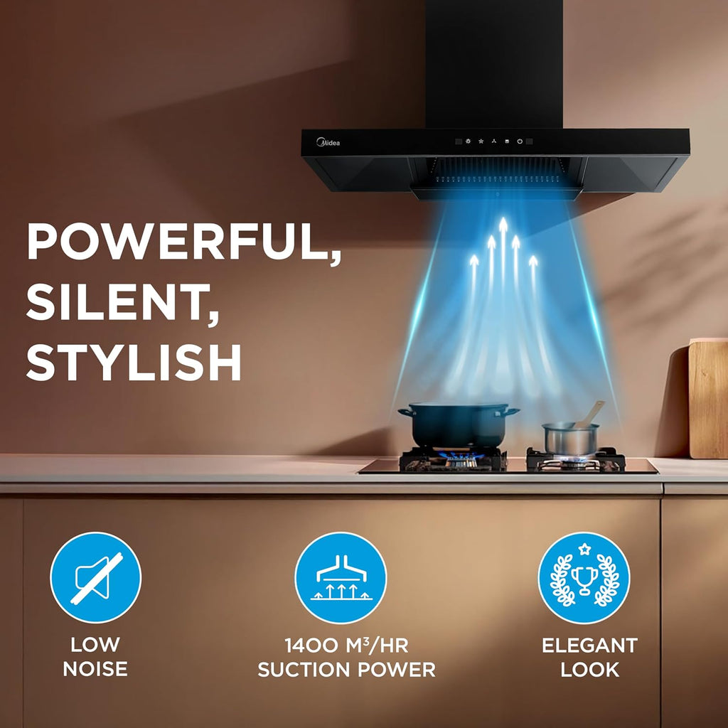 Midea 90 cm 1400 m3/hr Filter-less, Autoclean, Motion Sensor, T Shape kitchen Chimney (Falcon Auto Clean), Black MCHT-900T(IN)