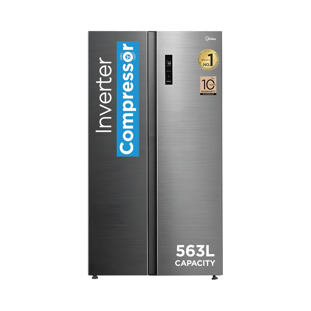 Midea 563 L Side By Side, frost free,Digital Display,Stabilizer Free Operation, Inverter compressor Refrigerator (MDRS710FGF46 Bru Steel)