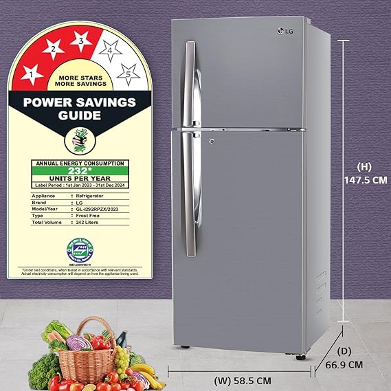 LG 242 L 3 Star Smart Inverter Frost-Free Double Door Refrigerator(GL-I292RPZX, Shiny Steel, Door Cooling+)