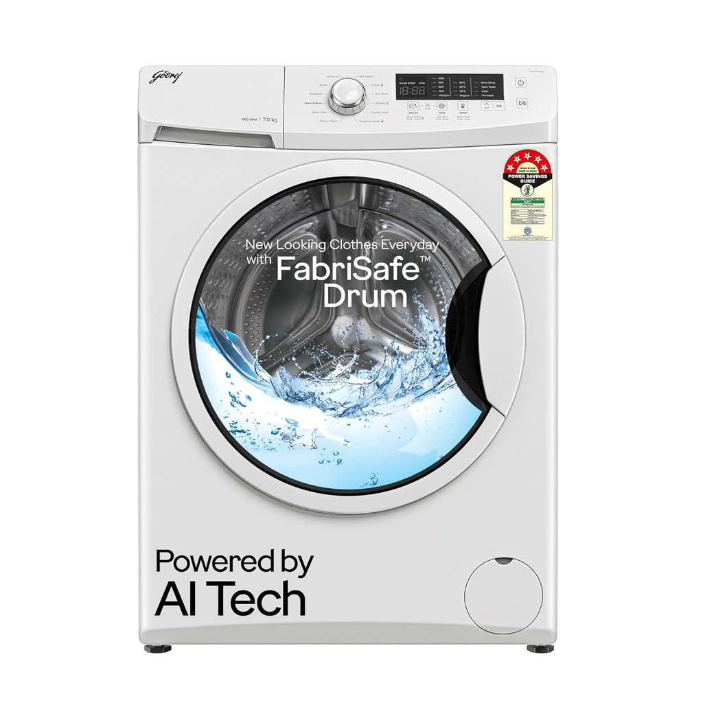 Godrej 7 Kg 5 Star, AI Powered, FabriSafe Drum, 65% Water Saving, Fully Automatic Front Load Washing Machine (WFEON CRS 7010 5.0 FKEDM GLWH, Glacial White)