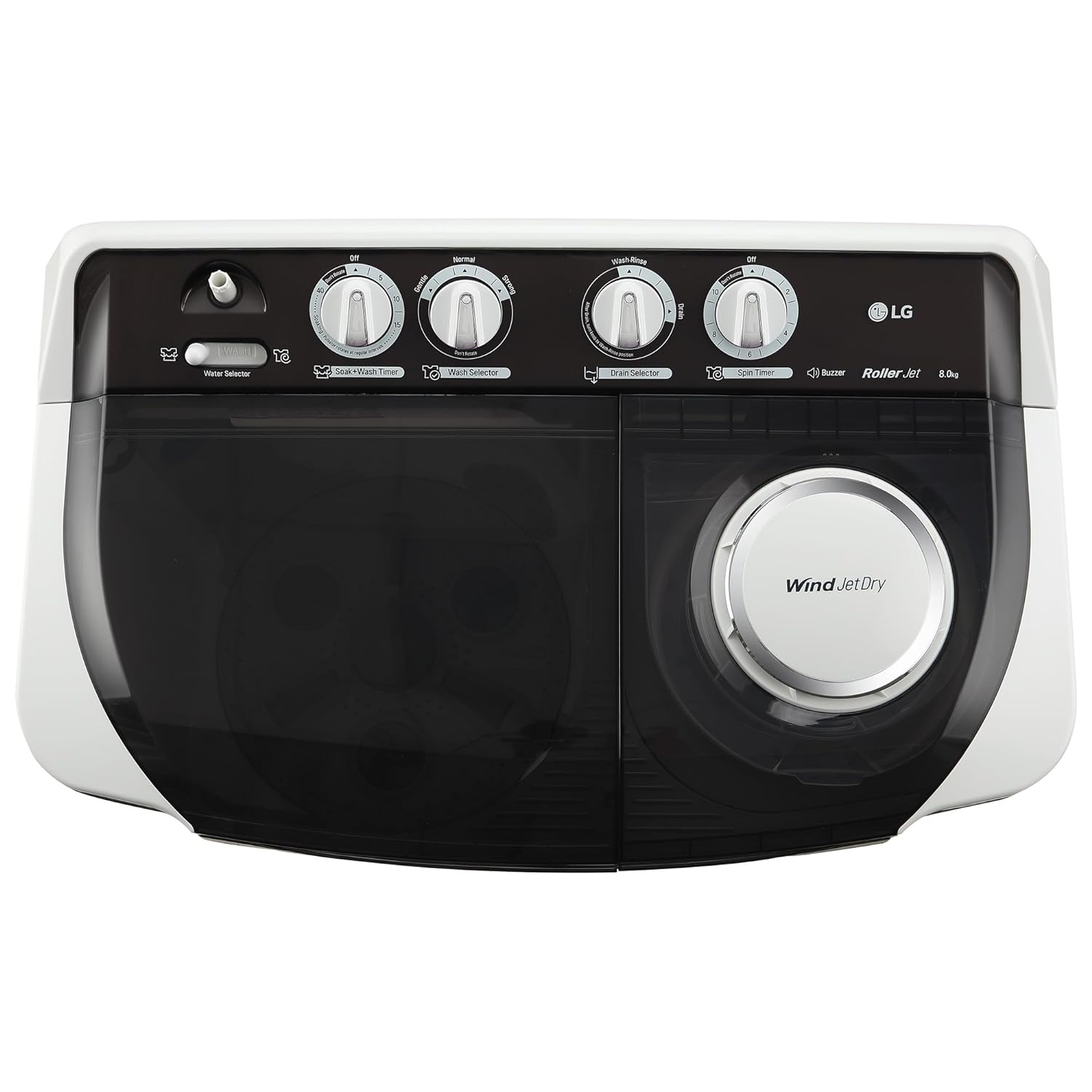 LG 8.0 Kg 5 Star Semi-Automatic Top Loading Washing Machine with Roller Jet Pulsator, Wind Jet Dry, Soak & Rat Away Technology (P8030SGAZ, Collar Scrubber & Rust Free Plastic Base, Dark Gray)