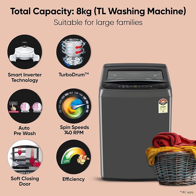 LG 8 Kg 5 Star Smart Inverter Technology Fully Automatic Top Load Washing Machine (T80VBMB4Z, Turbodrum, Auto Prewash, Stainless Steel drum, LED Display, Smart Diagnosis, Middle Black)