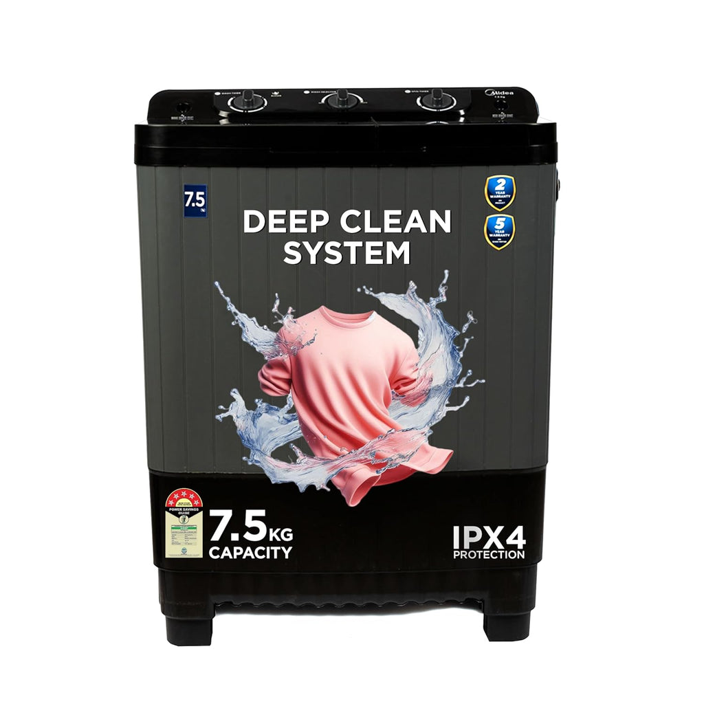 Midea Washing Machine Semi Automatic 7.5Kg Glass Lid Black Grey(MWMSA075GPG(KW)