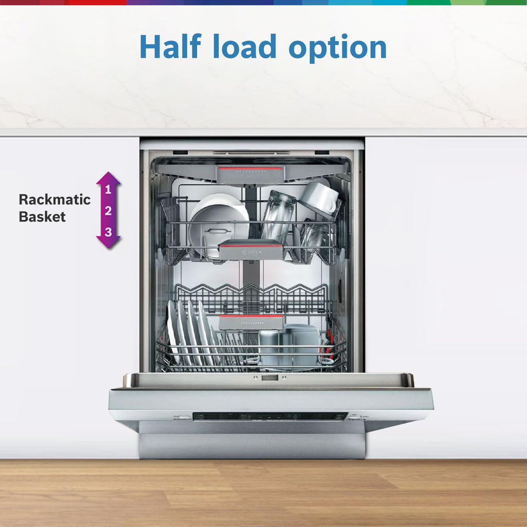 Bosch 14 Place Setting Dishwasher with Intensive Kadhai Program, 70? Hot water wash, 3-Stage Adjustable Upper Rack, No Pre-Rinse (SMS46KI03I, Silver, Glass Protection Technology)