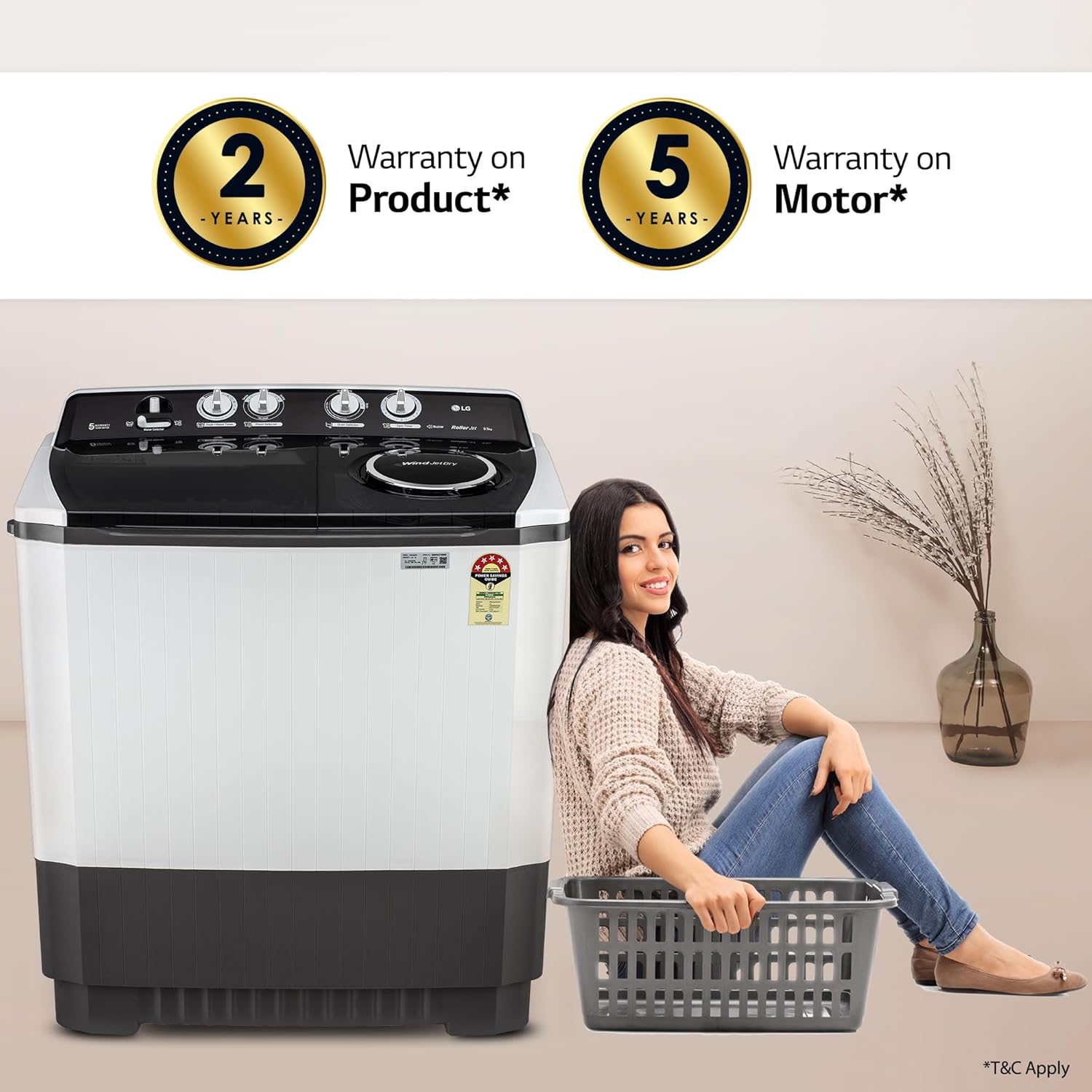 LG 9.5 kg 5 Star Wind jet dry Semi-Automatic Top Load Washing Machine (P955ASGAZ, Dark Gray, Roller Jet Pulsator)