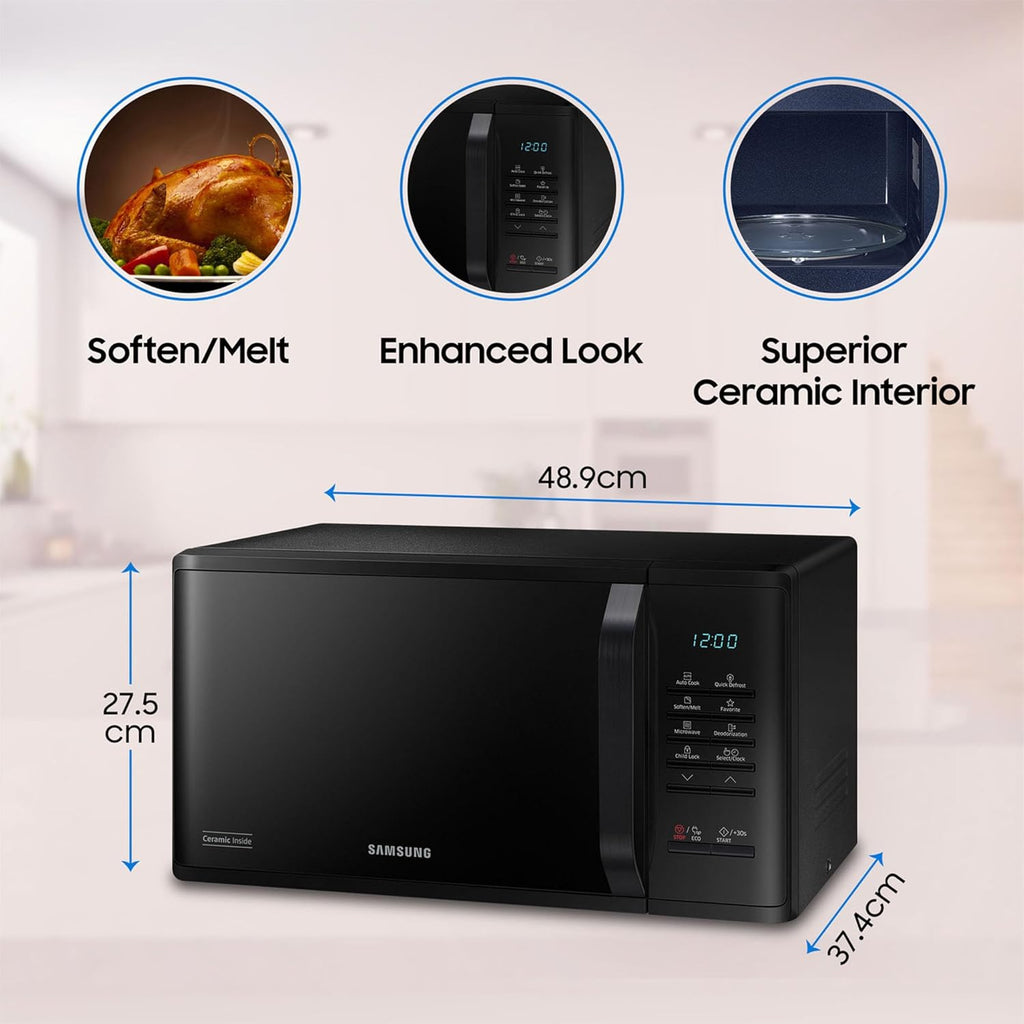 Samsung 23 L Solo Microwave Oven (MS23A3513AK/TL, Black, Auto Cook Programs, Child Safety Lock, Memory Feature, Deodorization, Ceramic Enamel Cavity with 10 year warranty)