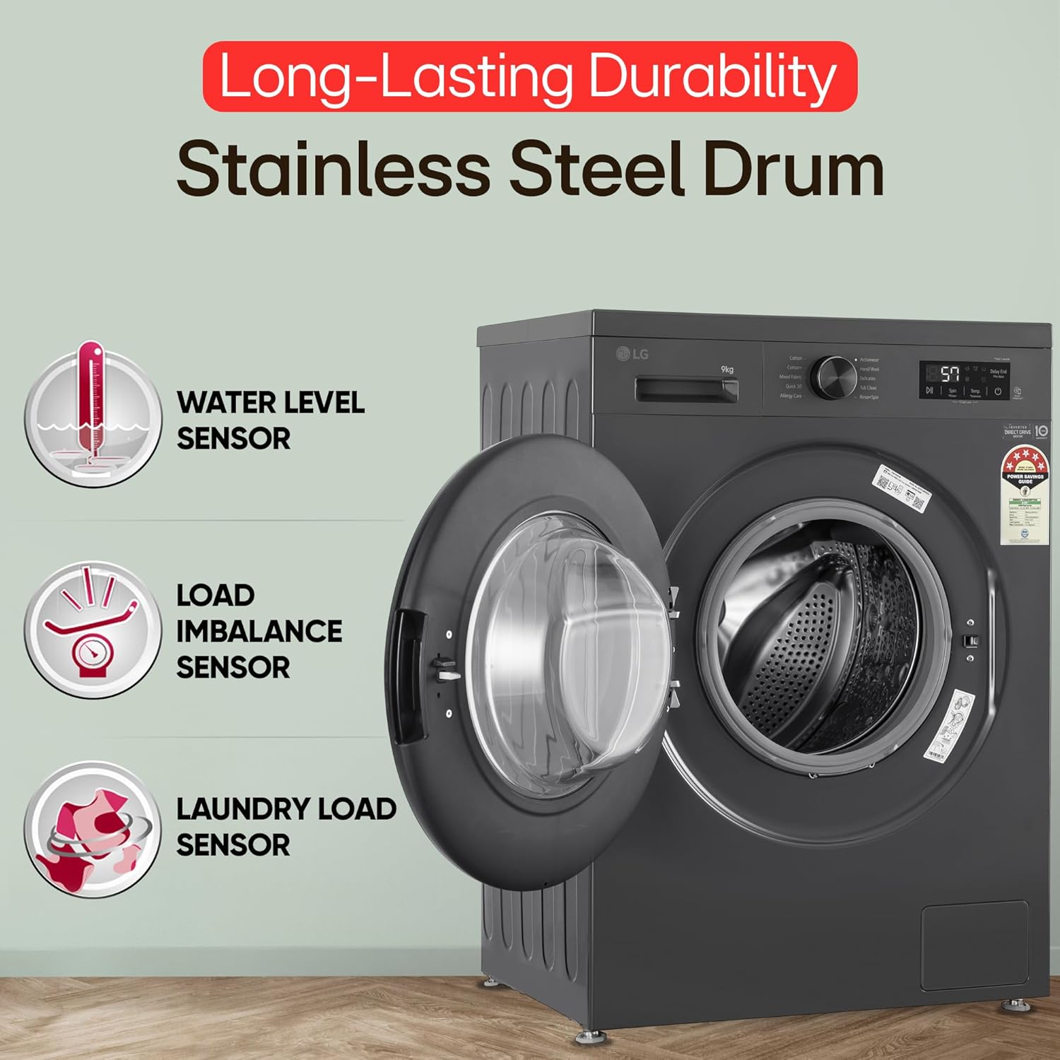 LG 9 Kg, 5 Star, Direct Drive Technology, Steam Wash, 6 Motion DD, Fully-Automatic Front Load Washing Machine (FHB1209Z2M, Allergy Care, In-Built Heater, Touch Panel, Middle Black)