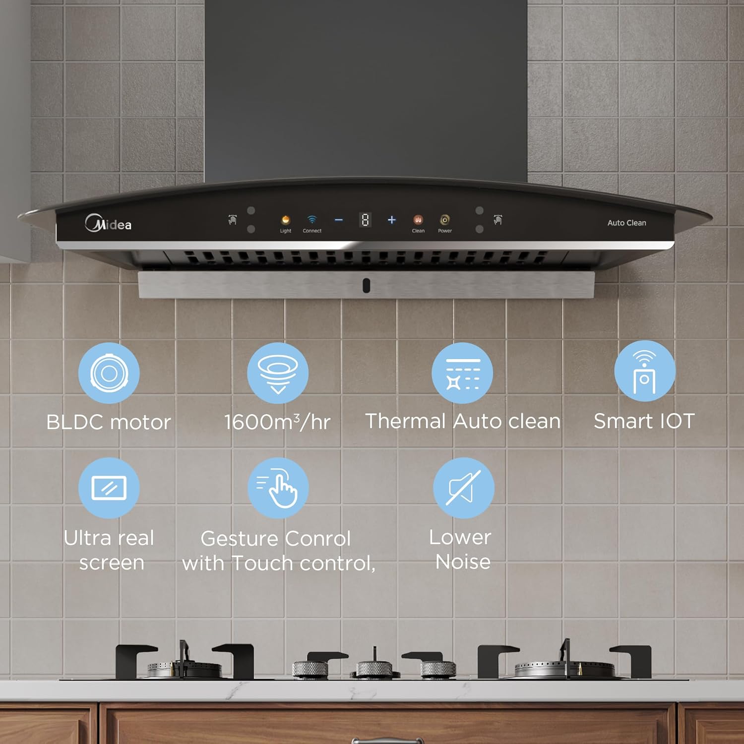 Midea 60 cm 1600 m3/hr BLDC, Filter-less, Wi-Fi enabled, intelli- Autoclean, 9 speed kitchen Chimney, Free Installation Kit (Megan Auto Clean), Black