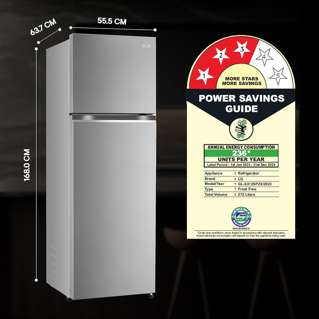 LG 272 L 3 Star Frost-Free Smart Inverter Compressor Double Door Refrigerator (GL-S312SPZX, Shiny Steel, Convertible & Multi Air Flow Cooling)