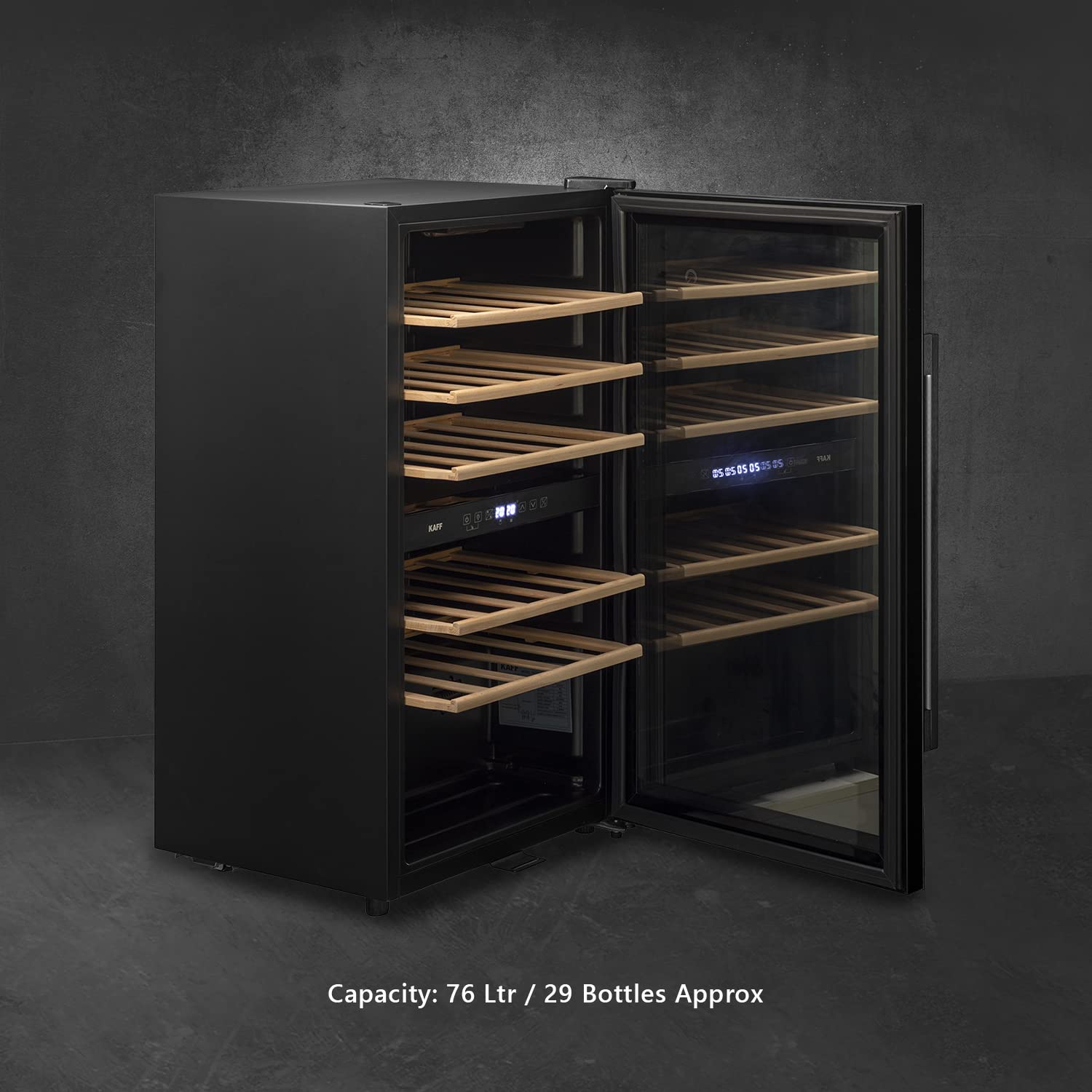 Kaff WC 76 DZ FreeStanding Wine Cooler Refrigerator Dual Zone 76 Litre 29 Bottles Approx. with UVProtection Inner Glass Child Lock  Wooden Shelves Wine Fridge for Red White Champagne Black