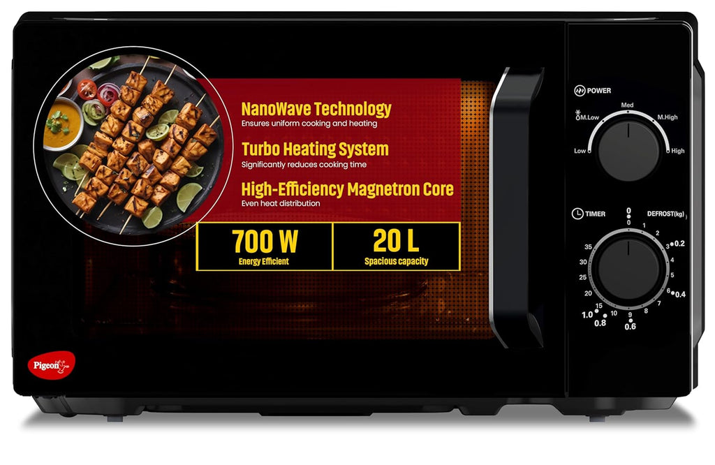 Pigeon 20L Nano Wave Solo Microwave Oven | 700 Watts | 5 power levels (Re-Heat, Pop, Cook, Steam, Defrost - SKSMWO20L) | Black