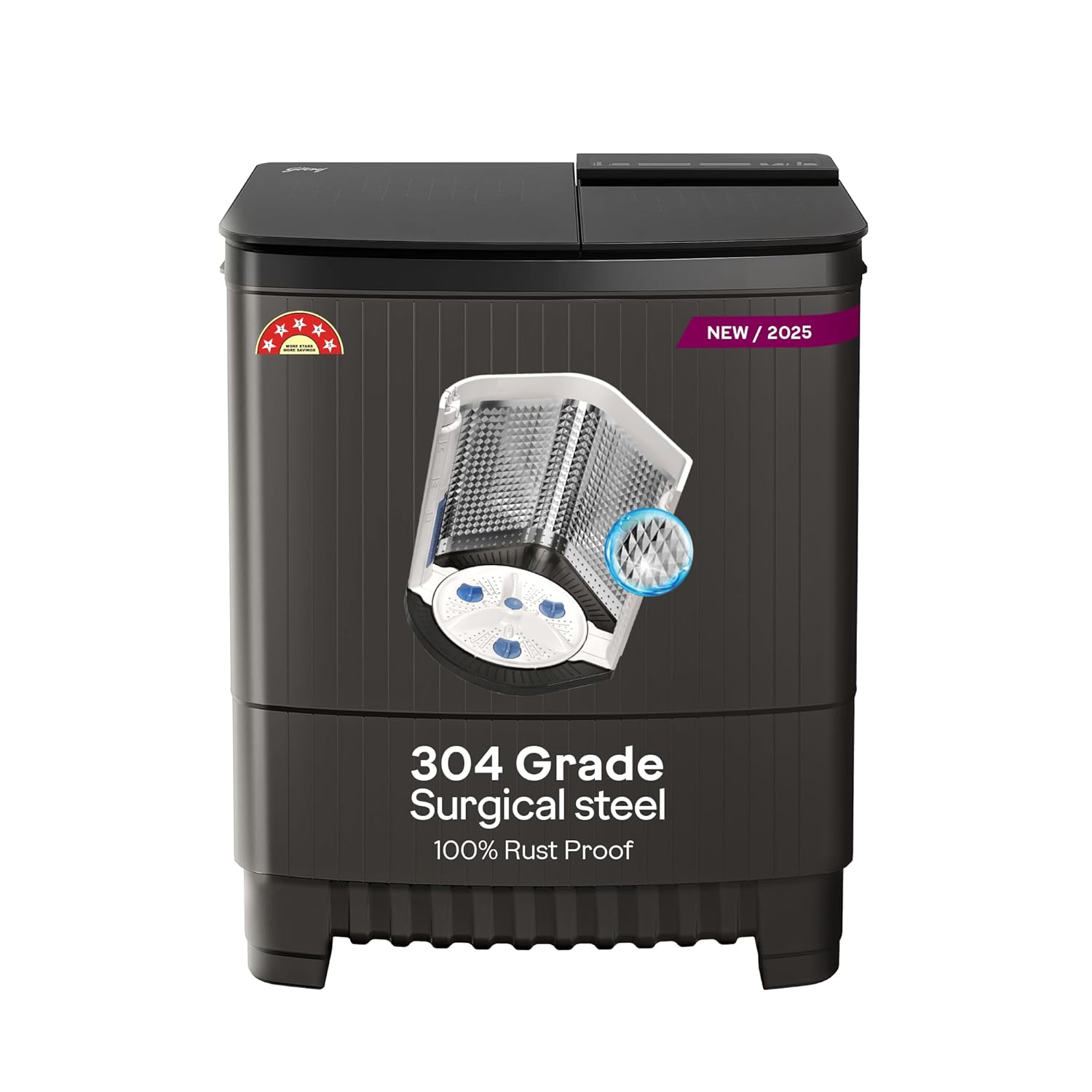 Godrej 8 Kg 5 Star, With Soft Shut Wash Lid, Semi-Automatic Top Loading Washing Machine (WSEDGE ULTS 80 5.0 DB2M CSGR, Crystal Grey, Stainless Steel Wash and Spin Drum)