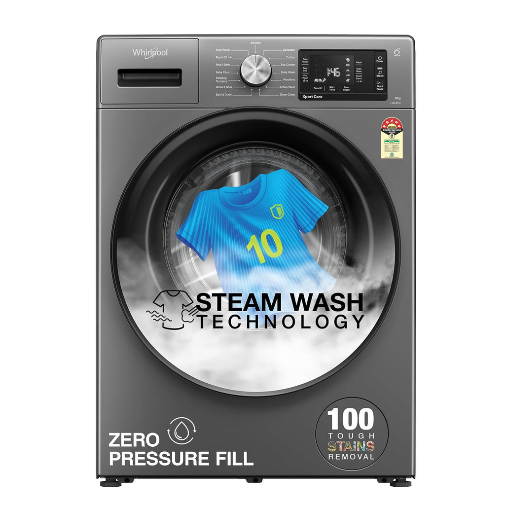 Whirlpool 8 Kg 5 Star Inverter Front Load Fully Automatic Washing Machine with In-Built Heater (XS8014BYM52E, MidNight Grey, Steam Technology, 100+ Tough Stains, 6th Sense Soft Move, 2024 Model)(Touched Up)