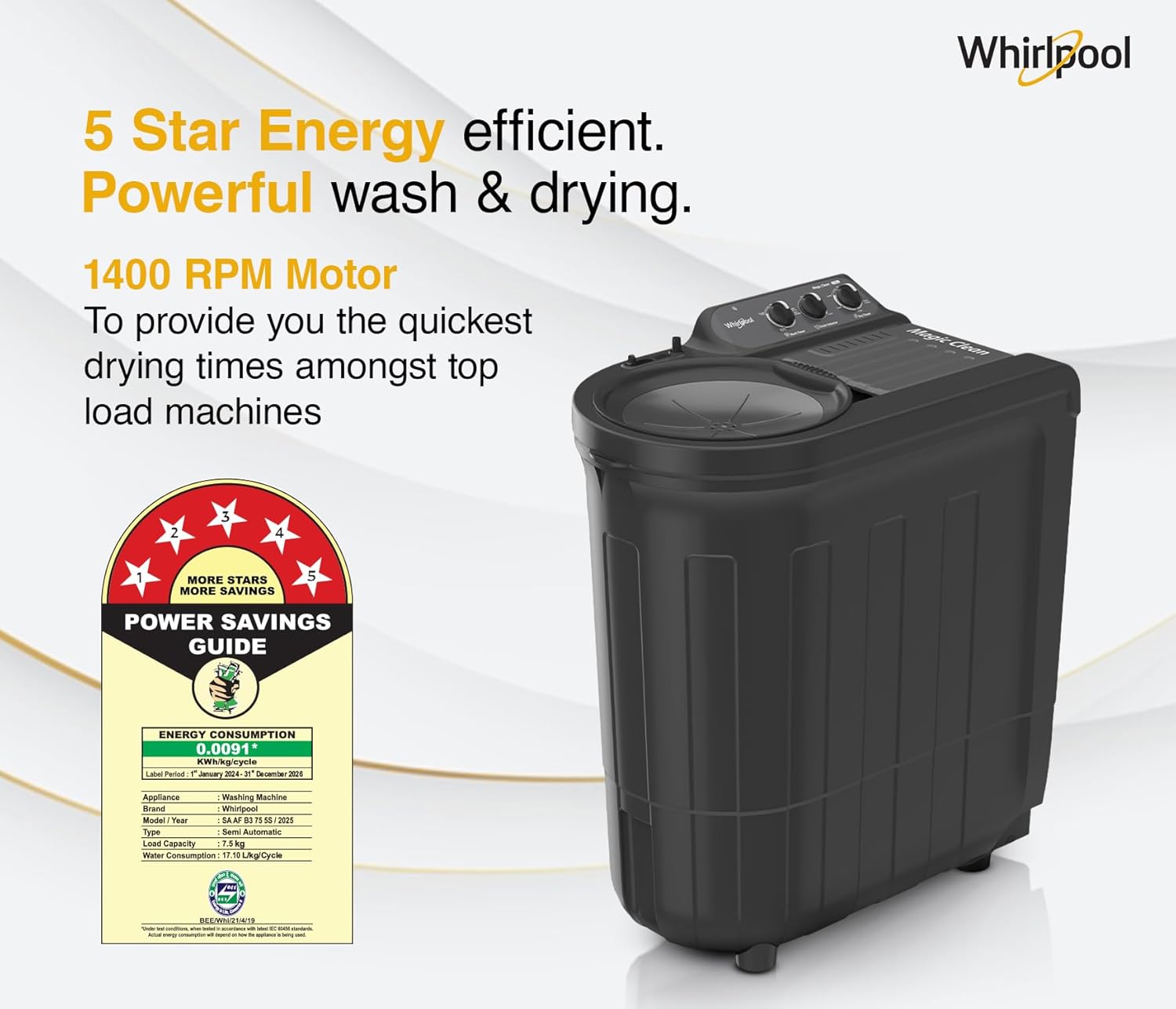 Whirlpool 7.5 Kg 5 Star Magic Clean Semi-Automatic Top Loading Washing Machine (MAGIC CLEAN 7.5 GREY DAZZLE)
