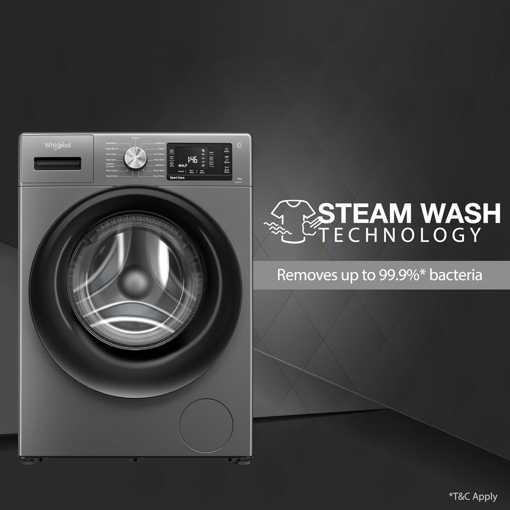 Whirlpool 8 Kg 5 Star Inverter Front Load Fully Automatic Washing Machine with In-Built Heater (XS8014BYM52E, MidNight Grey, Steam Technology, 100+ Tough Stains, 6th Sense Soft Move, 2024 Model)(Touched Up)