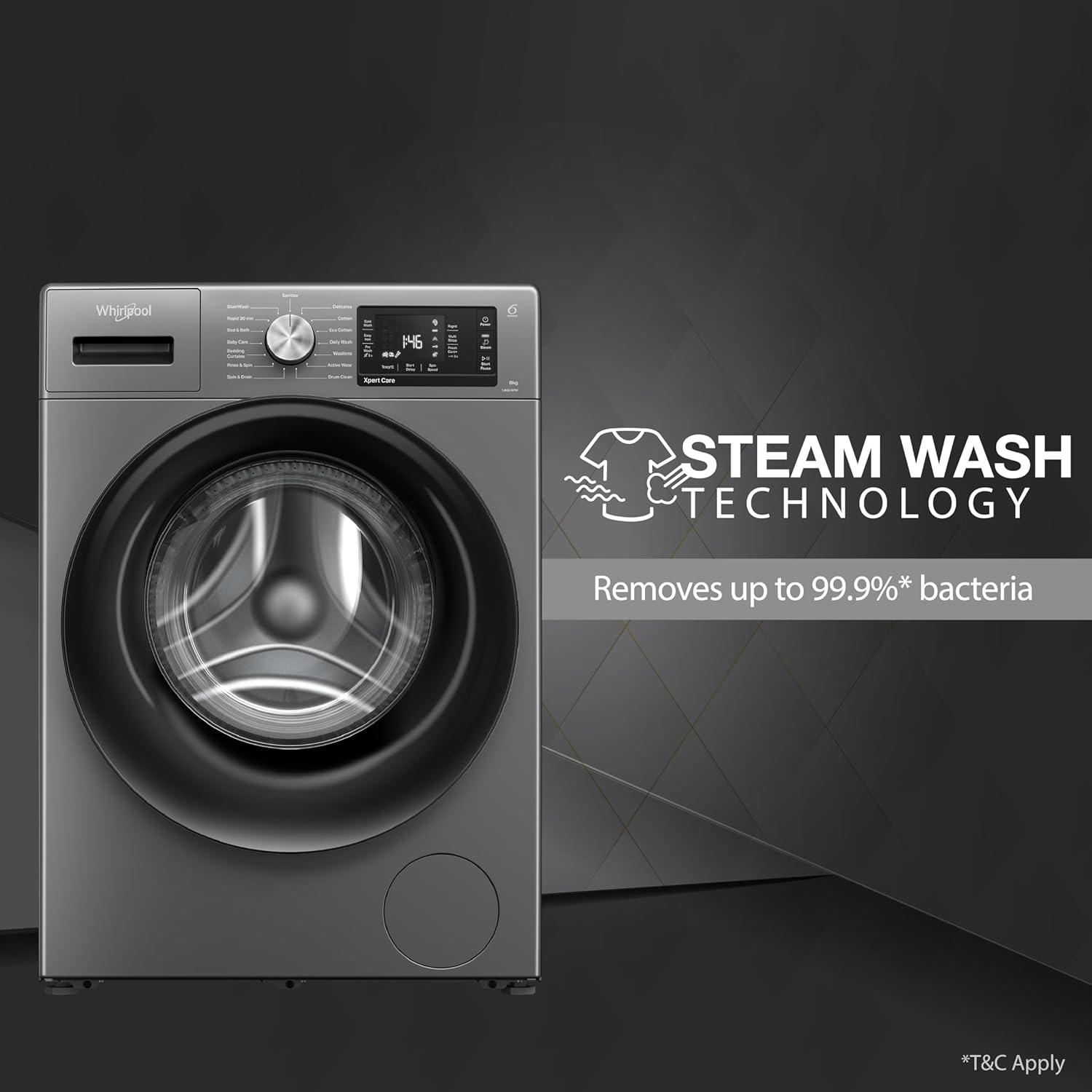 Whirlpool 8 Kg 5 Star Inverter Front Load Fully Automatic Washing Machine with In-Built Heater (XS8014BYM52E, MidNight Grey, Steam Technology, 100+ Tough Stains, 6th Sense Soft Move, 2024 Model)(Touched Up)