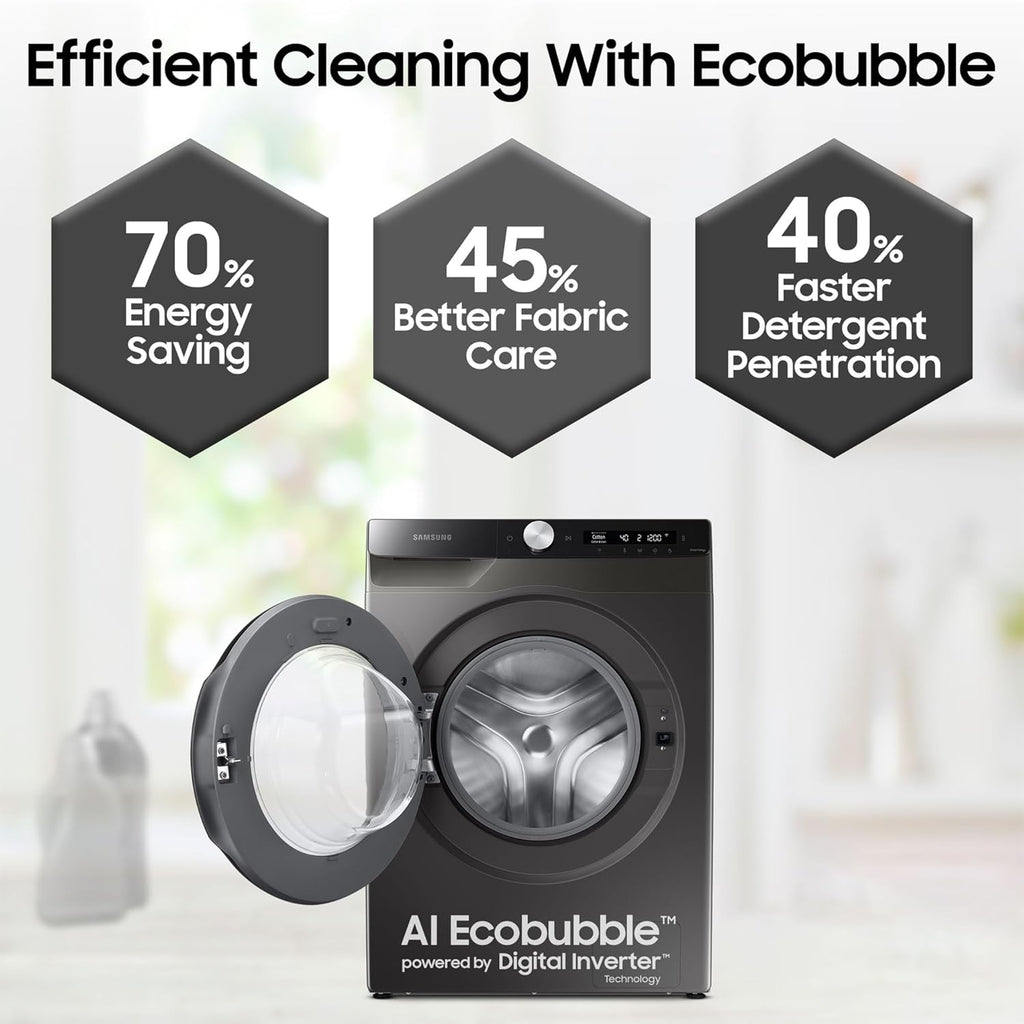 Samsung 8 kg, 5 star, Eco Bubble Technology, AI Control, Wi-Fi, Digital Inverter, Motor, Fully-Automatic Front Load Washing Machine (WW80T504DAX1TL, Hygiene Steam, Inox)