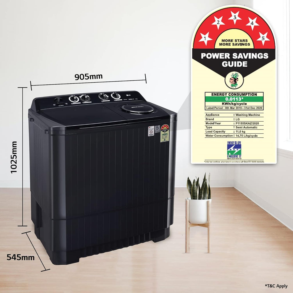 LG 11 Kg 5 Star Wind Jet Dry Rat Away Technology Semi-Automatic Top Loading Washing Machine (P1155SKAZ, Roller Jet Pulsator, Punch + 3, Middle Black)