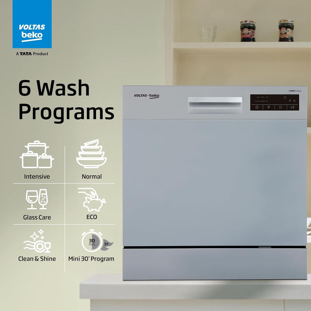 Voltas beko 8 Place Settings Table Top Dishwasher (2020/2021, DT8S, Silver, Inbuilt Heater)