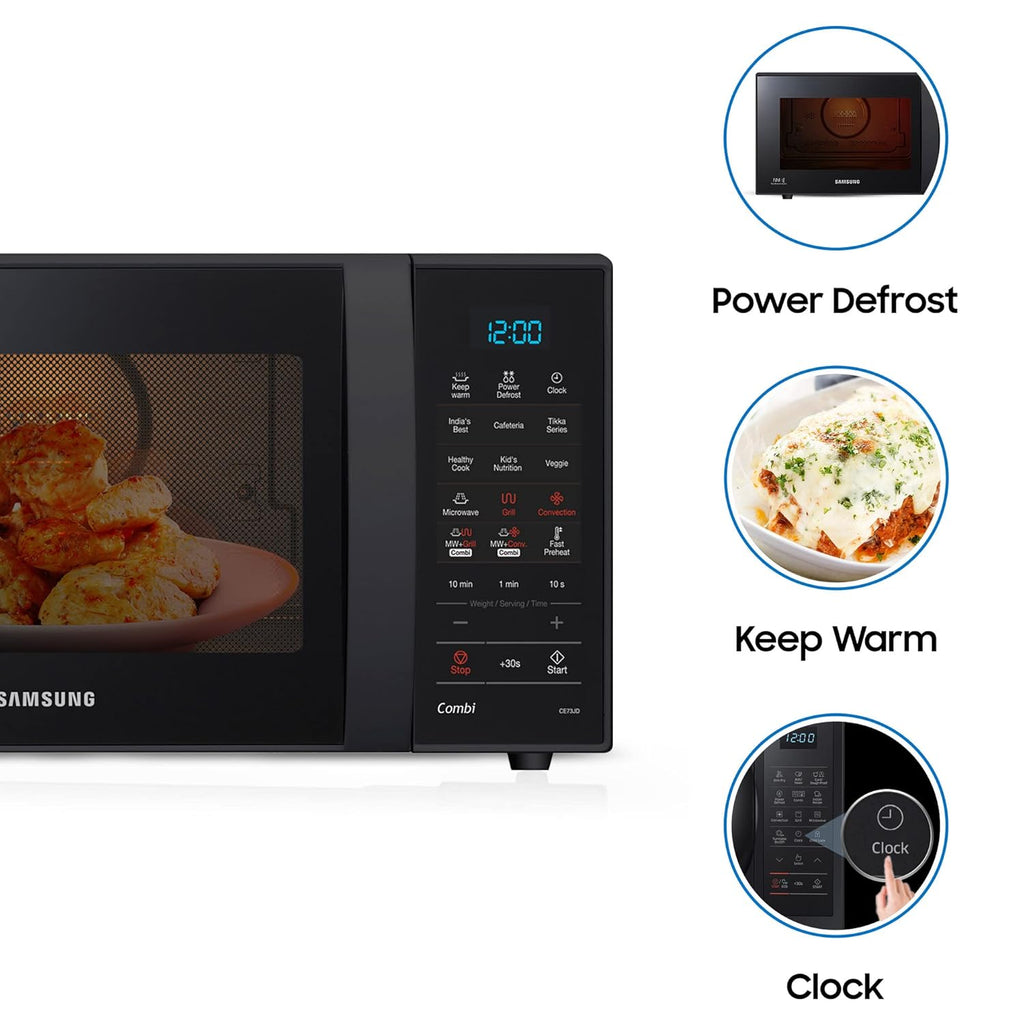Samsung 21 L, Convection Microwave Oven (CE73JD-B1/XTL, Black, Various Cooking Modes, Pre heat, Eco Mode, Power Defrost, Auto Cook, Wire Rack, Ceramic Enamel Cavity with 10 year warranty)