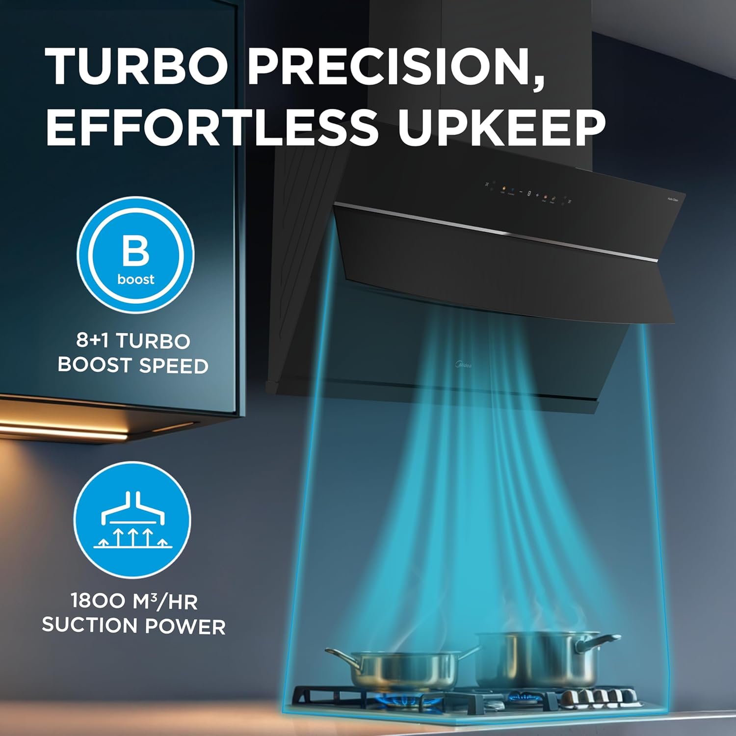 Midea 90 cm 1800 m3/hr BLDC, Filter-less, Wi-Fi enabled, intelli- Autoclean, 9 speed kitchen Chimney with 3 Yrs Product and 12 Yrs Motor Warranty, Free Installation Kit (Magnus Auto Clean), Black
