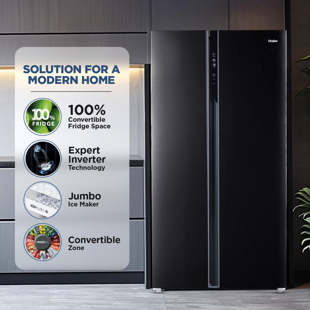 Haier 602L 3Star 2 Door Side by Side Frost Free Refrigerator|100% Convertible|Expert Inverter Technology|Digital Display Panel|Triple Twist Ice Maker|HRS-682KS