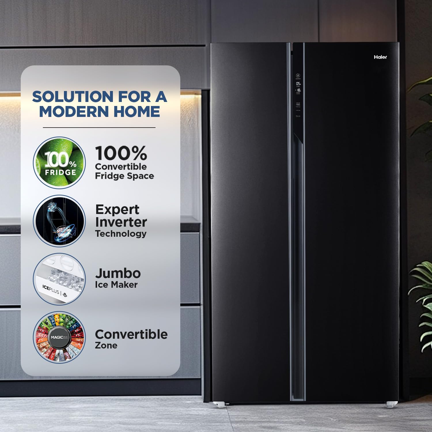 Haier 602L 3Star 2 Door Side by Side Frost Free Refrigerator|100% Convertible|Expert Inverter Technology|Digital Display Panel|Triple Twist Ice Maker|HRS-682KS