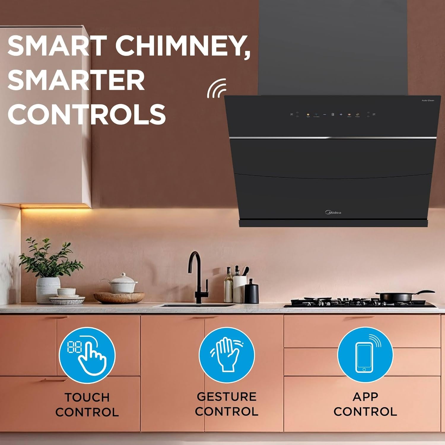 Midea 90 cm 1800 m3/hr BLDC, Filter-less, Wi-Fi enabled, intelli- Autoclean, 9 speed kitchen Chimney with 3 Yrs Product and 12 Yrs Motor Warranty, Free Installation Kit (Magnus Auto Clean), Black