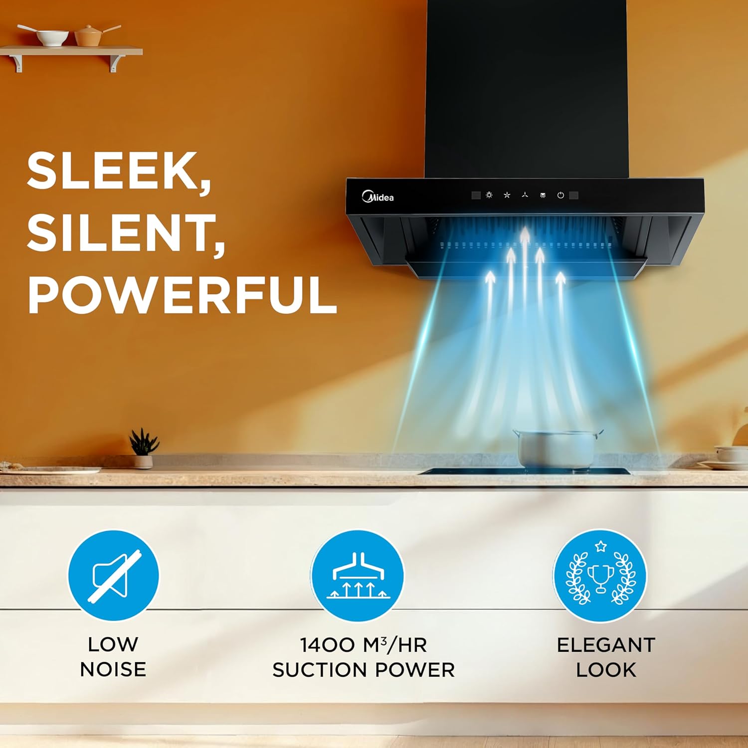 Midea 60 cm 1400 m3/hr Filter-less, Autoclean, Motion Sensor, T Shape kitchen Chimney (Falcon Auto Clean), Black MCHT-600T(IN)
