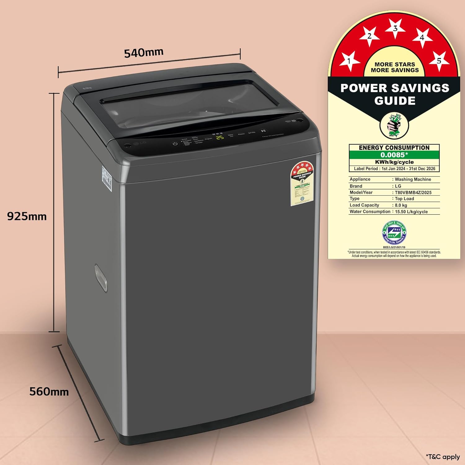 LG 8 Kg 5 Star Smart Inverter Technology Fully Automatic Top Load Washing Machine (T80VBMB4Z, Turbodrum, Auto Prewash, Stainless Steel drum, LED Display, Smart Diagnosis, Middle Black)