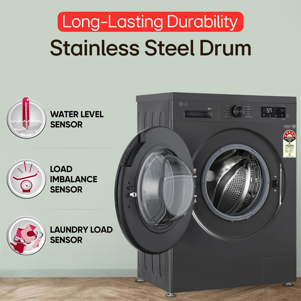 LG 8 Kg, 5 Star, Wi-Fi, Direct Drive Technology, Steam Wash, 6 Motion DD, Fully-Automatic Front Load Washing Machine (FHB1208Z4M, Allergy Care, In-Built Heater, Touch Panel, Middle Black)